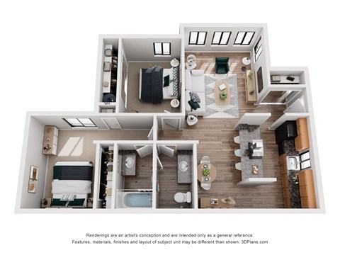 Floor plan for 2 beds, 1.5 baths, 805 sqft